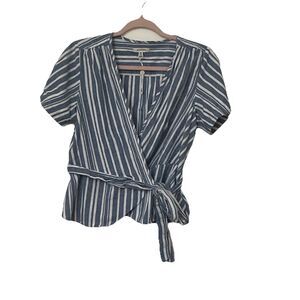 Max Studio Womens Medium Peplum Wrap Top Blue Ivory Stripe Side Tie Linen V Neck